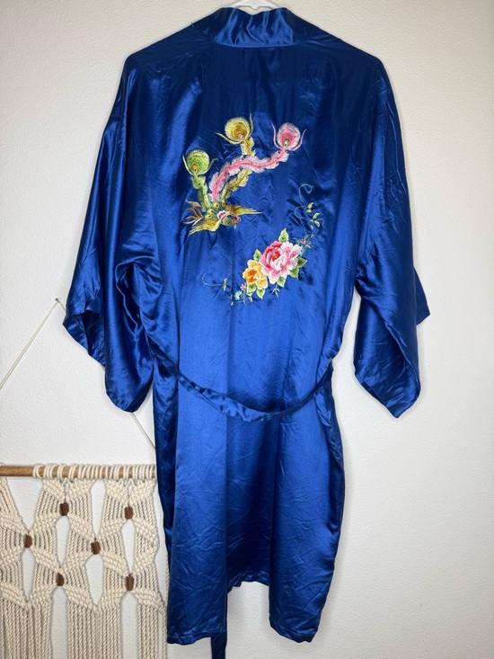 Double Peach Other - Vtg Chinese Silk Robe Royal Blue Double Peach Floral Embroidery Kimono Phoenix